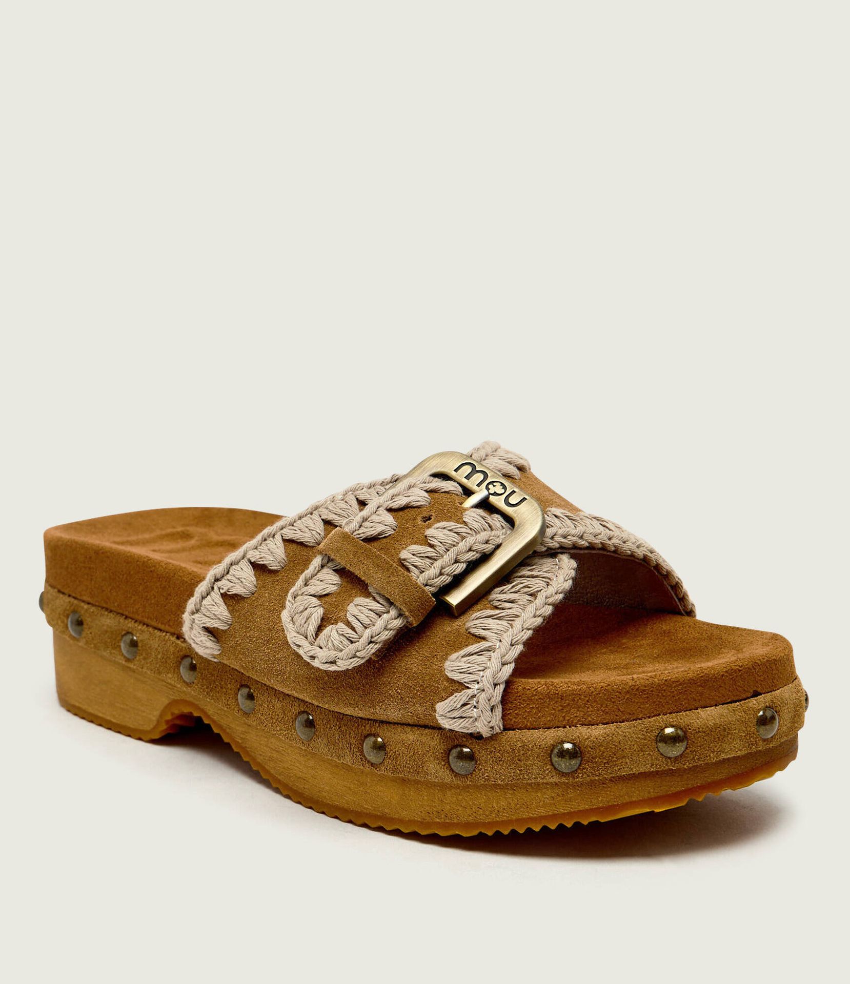 MOU Klapki Low heel wood clog zamsz