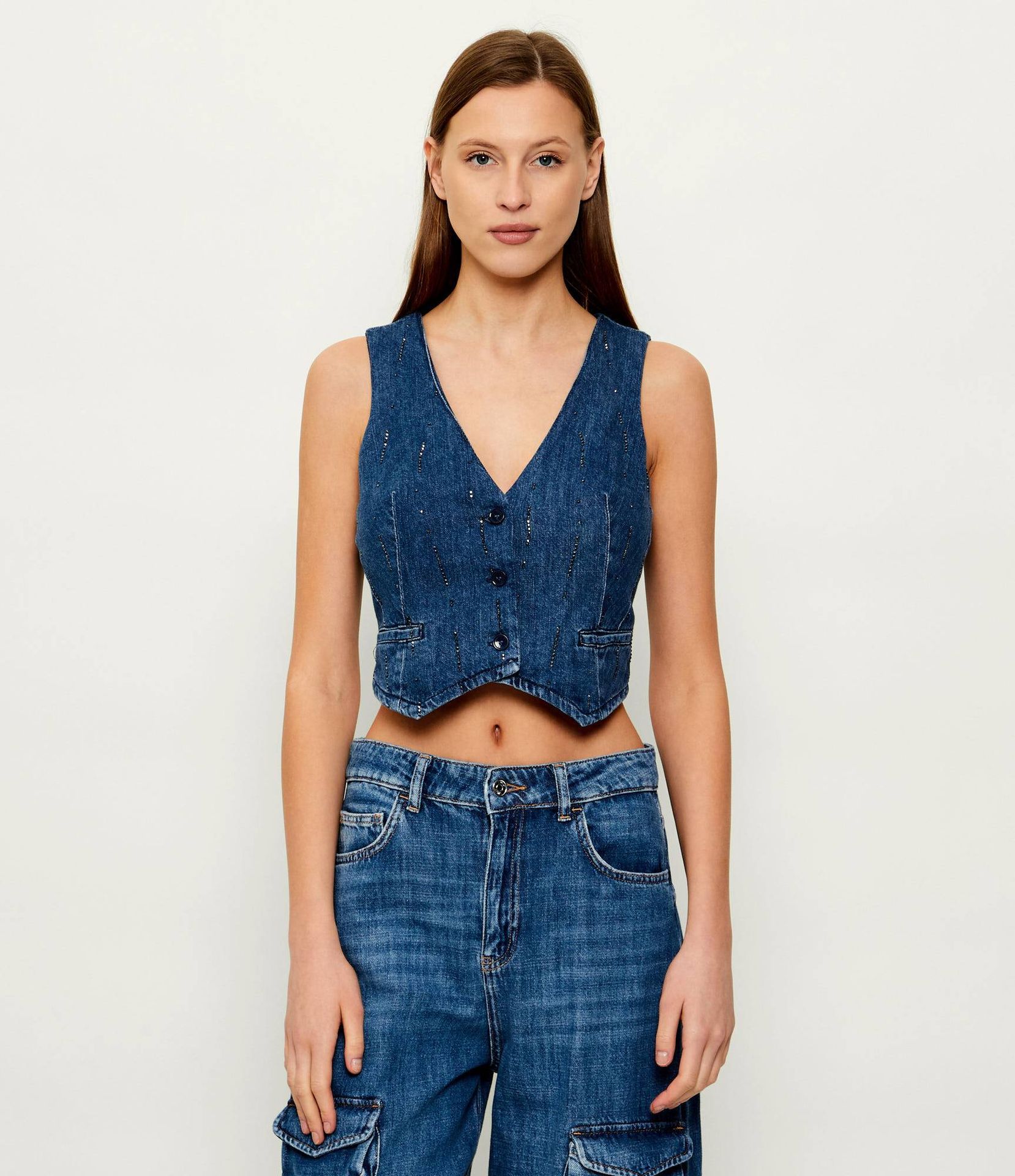 Liu Jo Jeansowa kamizelka Slim Fit z dodatkiem lnu