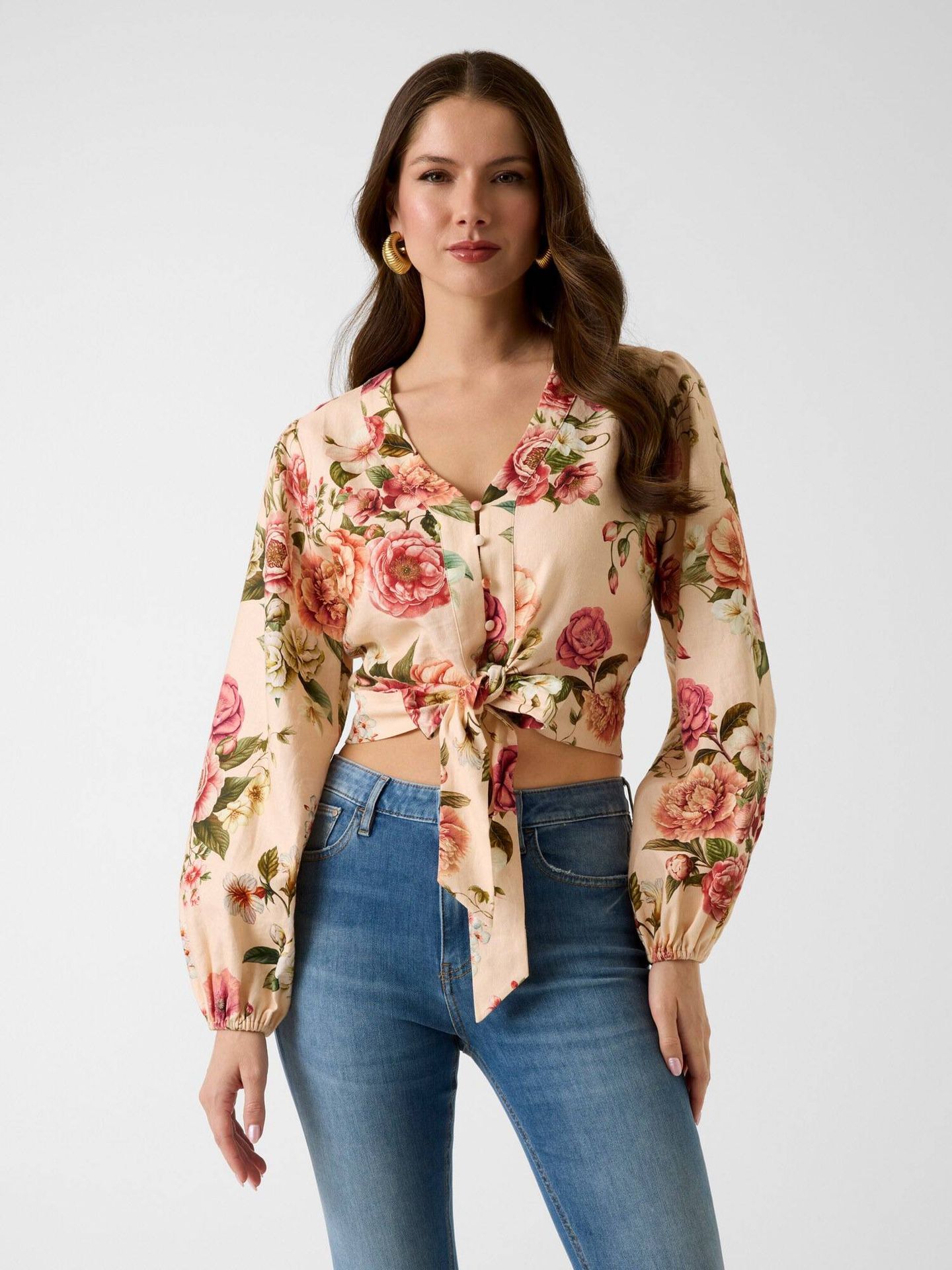 GUESS Lniana bluzka SHIRLEY Cropped Fit