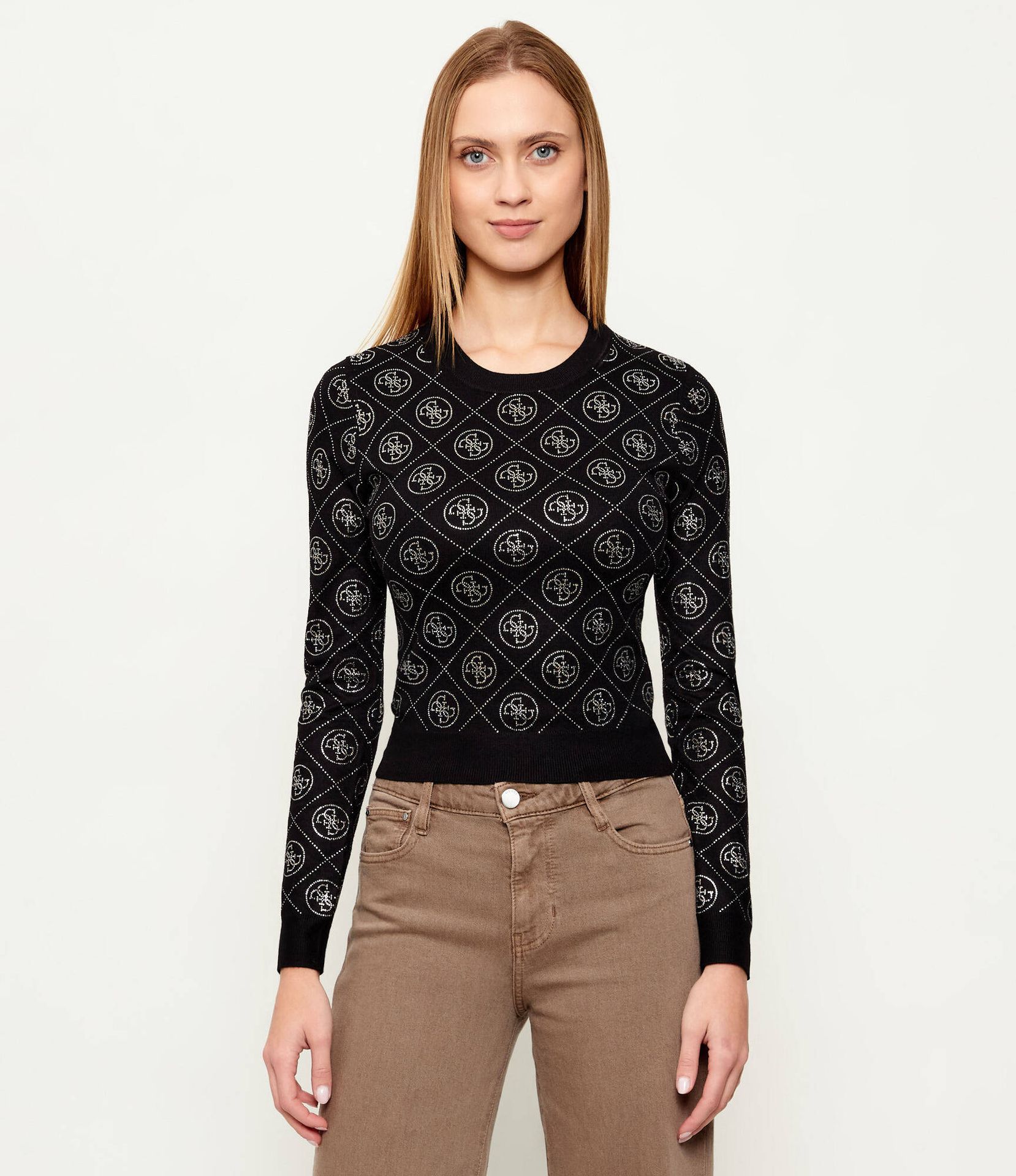 GUESS Sweter RHINESTONES Slim Fit z dodatkiem wełny