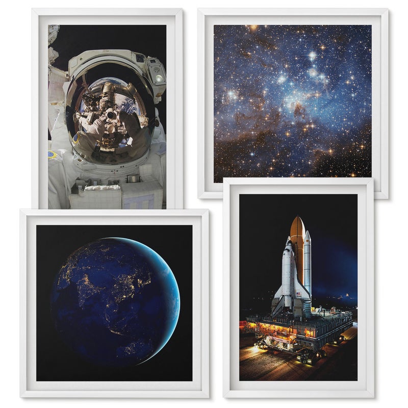 Zestaw obrazów w ramie - 4 części Widoki kosmosu z Ziemią astronautą i rakietą Biała ramka