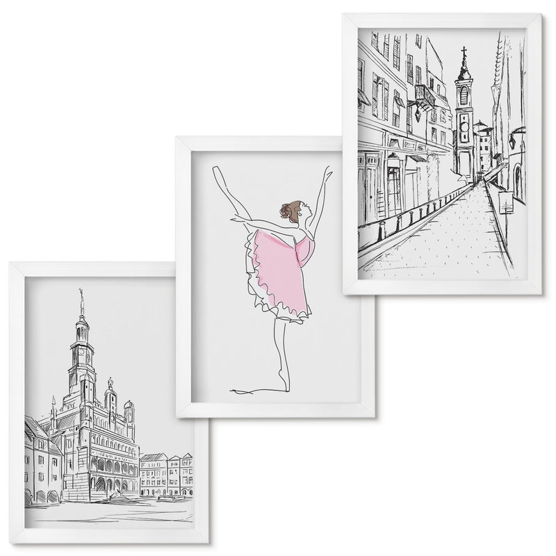 Zestaw obrazów w ramie - 3 części Stylowe obrazy z tańczącą baletnicą i architekturą Biała ramka