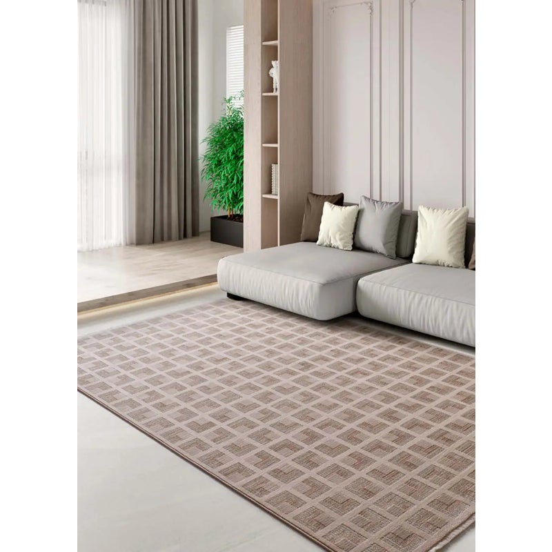 Dywan wewnętrzny prostokątny, beżowy, 120 x 160 cm, ONA geometryczna z frędzlami - ATTICGO