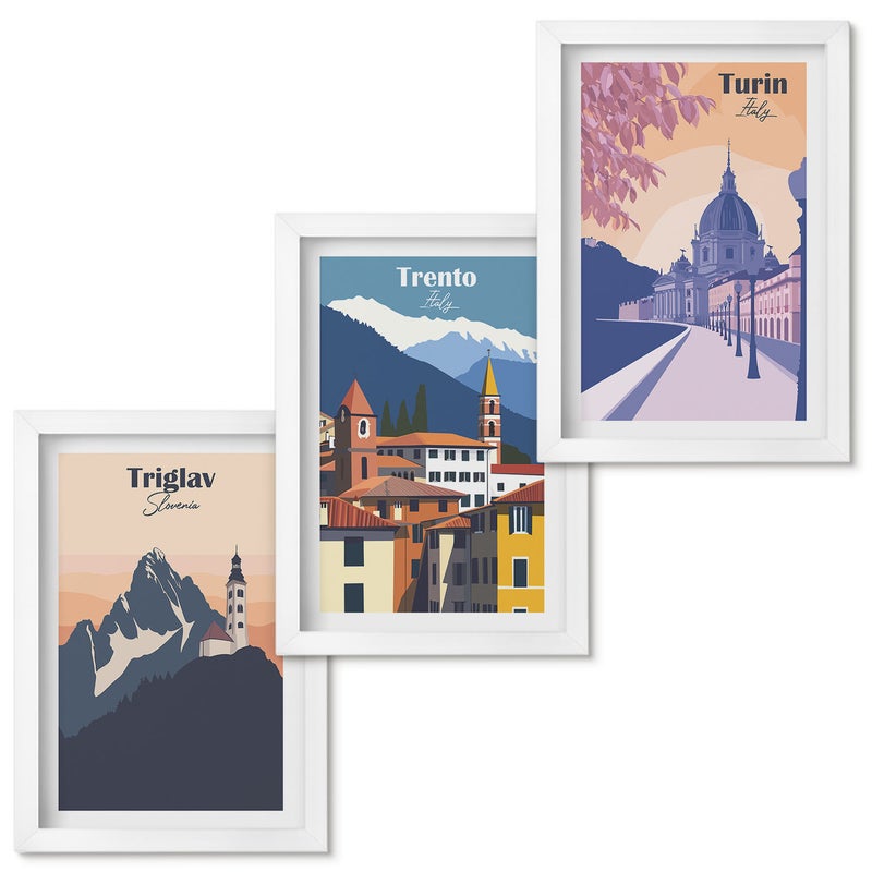 Zestaw obrazów w ramie - 3 części Góry i architektura retro kolorowe ilustracje Biała ramka