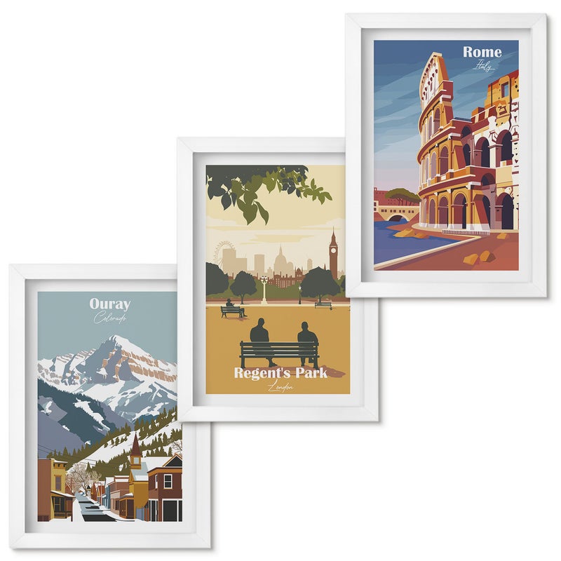 Zestaw obrazów w ramie - 3 części Góry w Ouray Park w Londynie Koloseum w Rzymie Biała ramka