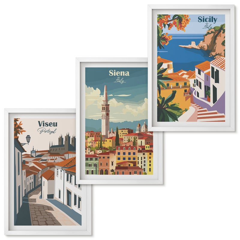 Zestaw obrazów w ramie - 3 części Retro ilustracje znanych miast świata Biała ramka