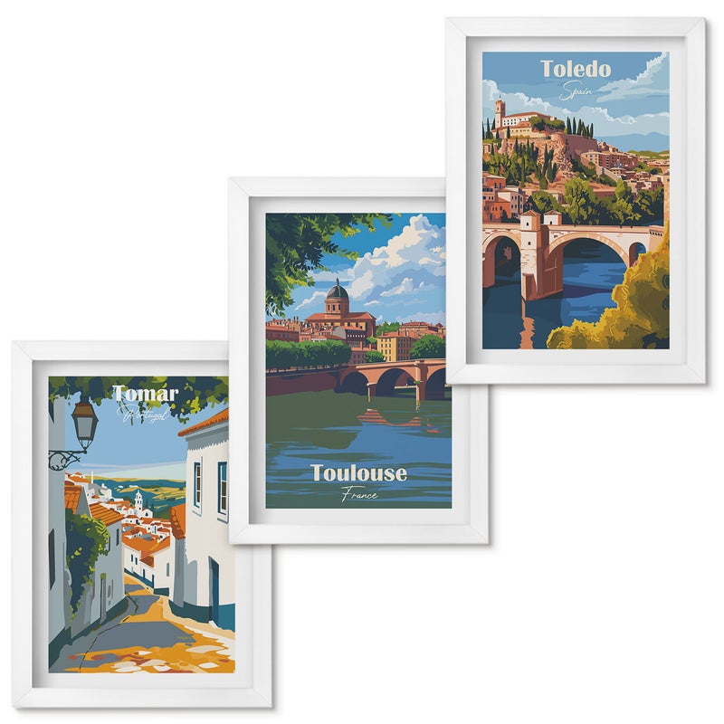 Zestaw obrazów w ramie - 3 części Grafiki znanych miast w stylu retro Biała ramka