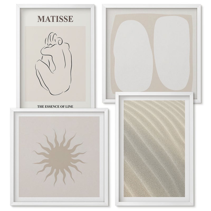 Zestaw obrazów w ramie - 4 części Minimalistyczne wzory piaskowe fale i słońce Matisse Biała ramka