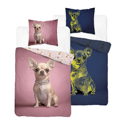 Detexpol Pościel świecąca w ciemności 160x200 - 5845 A - różowa z pieskiem chihuahua - GlowDream