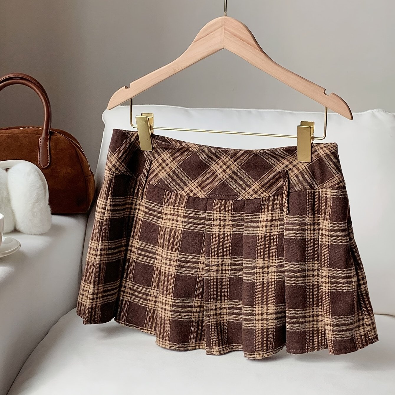 TEMU Damska Kraciasta Plisowana Spódnica w Stylu Casual Preppy, z Podszewką, Urocza i Wygodna w Noszeniu