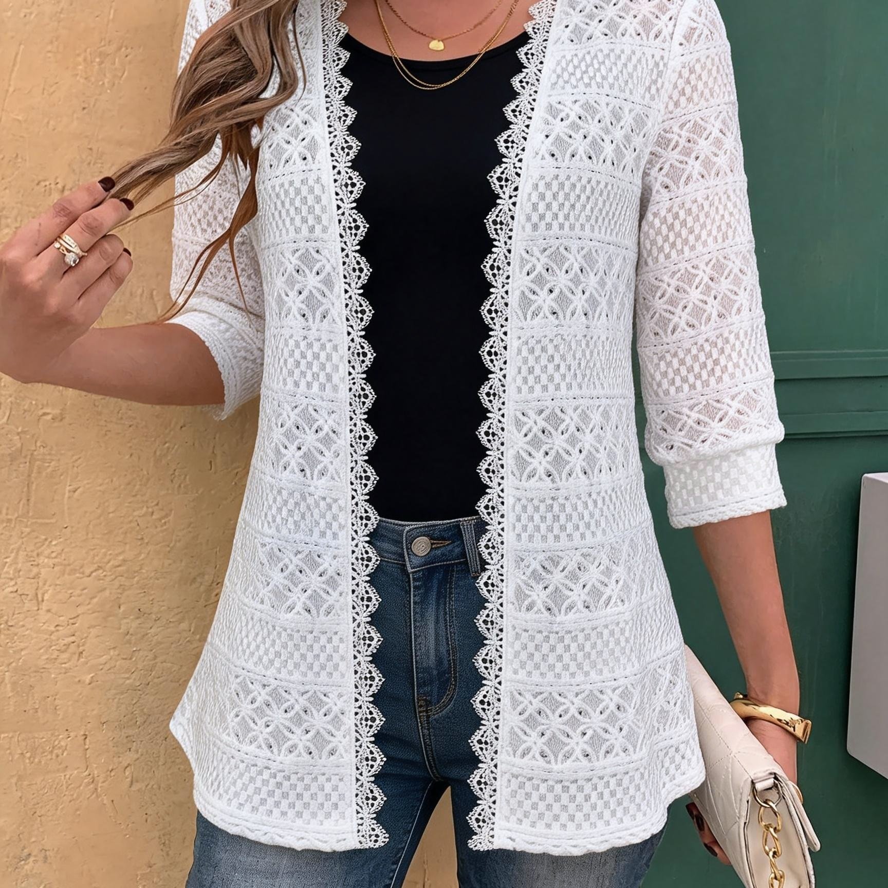 TEMU Elegancki i modny damski top z wygodnego, oddychającego żakardu z koronkową haftowaną lamówką i otwartym przodem, damowy kardigan z rękawami za