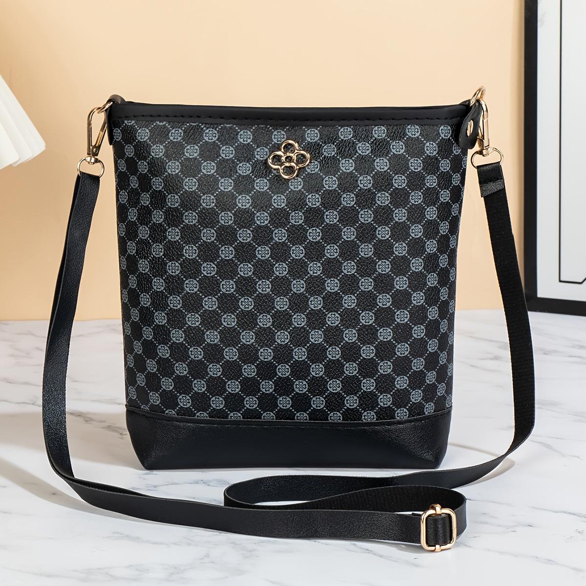 TEMU Torba typu bucket z geometrycznym nadrukiem w stylu retro, modna i uniwersalna damska torba crossbody w kropki i kwiaty, idealna na codzienne