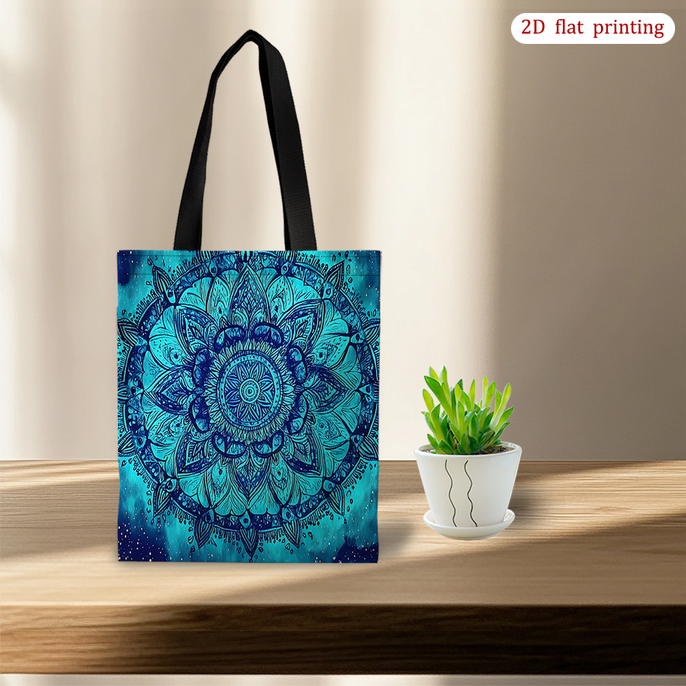 TEMU Elegancka niebieska torebka mandala - wytrzymała, stylowa i wygodna torba na ramię z czarnymi uchwytami, wielofunkcyjna, idealna do codziennych