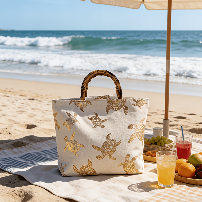 TEMU Damska Torba Plażowa z Bambusowym Uchwytem i Złotym Stempelą Żółwia Morskiego o Dużej Pojemności, Torba na Wakacje na Brzegu Morza, Torba Damska