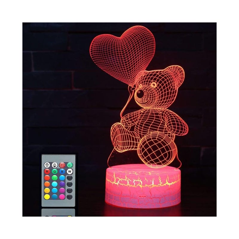 Lampka nocna 3D Bear na Walentynki, 16 zmieniających się kolorów, akrylowa lampka nocna LED, prezent na Walentynki