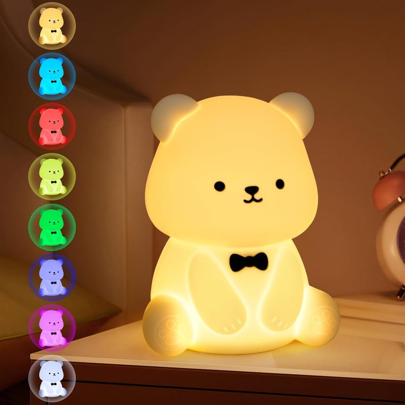 Lampka nocna dla dzieci w kształcie misia, silikonowa lampa z regulowanym ciepłym światłem i 8 kolorami, akumulator 1200 mAh, timer