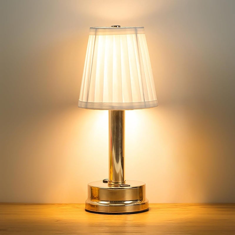 Lampka nocna, port USB, dioda LED 5 W, 3 kolory, plisowany klosz, złoty metalowy uchwyt lampy, bezprzewodowa lampka biurkowa, odpowiednia do sypialni