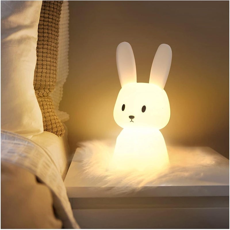 Lampka nocna w kształcie królika z 7 trybami oświetlenia, sterowaniem dotykowym, ładowaniem przez USB, timerem, silikonowa lampka nocna dla dzieci