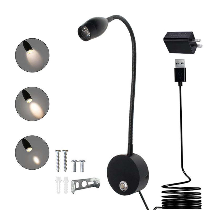 Lampka ścienna do czytania z regulacją odległości, lampka nocna LED z włącznikiem, giętka i obrotowa aluminiowa lampa ścienna, 3 W