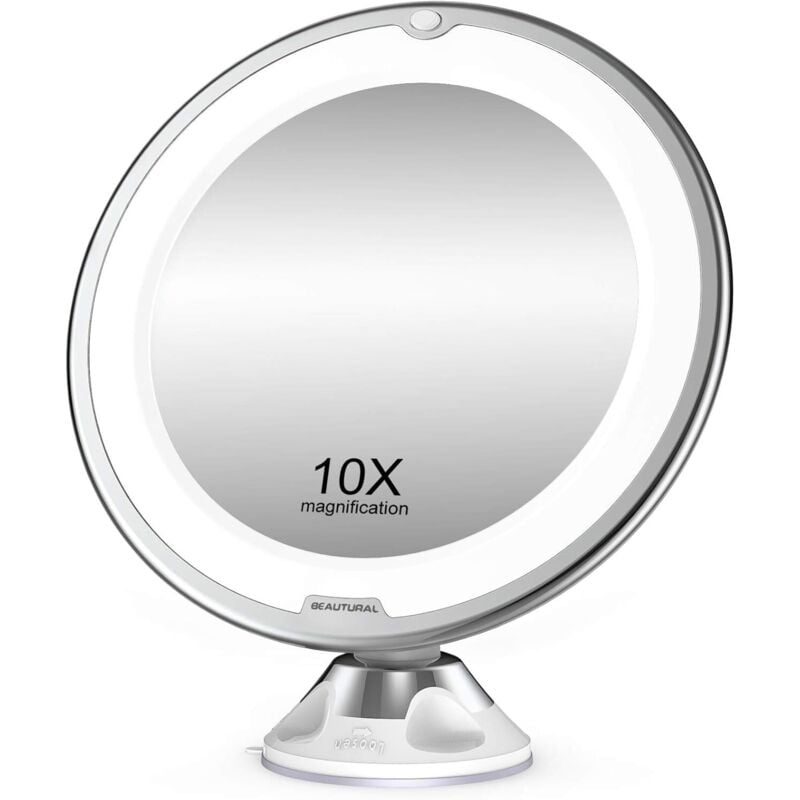 Lustro do makijażu LED z 10-krotnym powiększeniem – 360° regulowany przegub kulowy – przenośne lusterko do makijażu, odpowiednie do łazienki i podróży