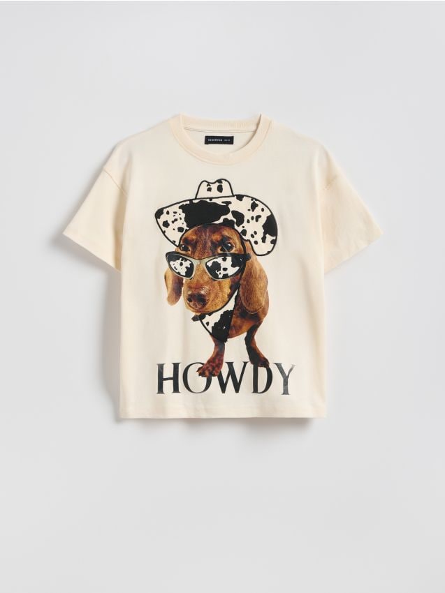 Reserved - Luźny t-shirt z nadrukiem - beżowy