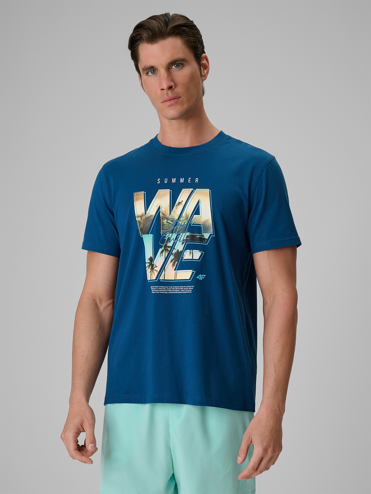 4F T-shirt regular z nadrukiem męski - turkusowy XXL