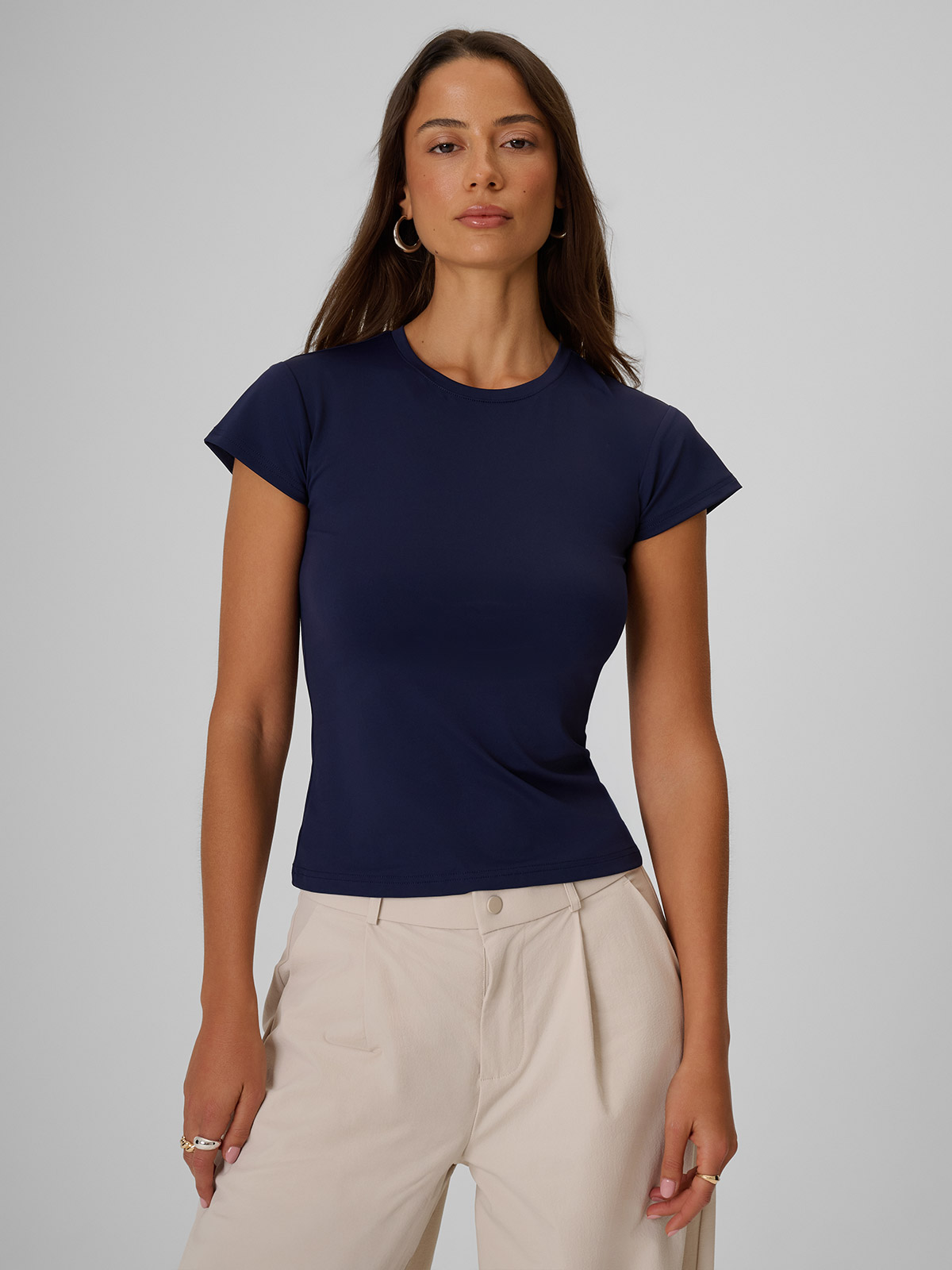 4F T-shirt slim gładki damski - granatowy XS