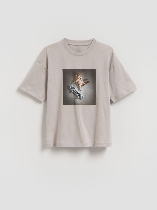 Reserved - Bawełniany t-shirt z nadrukiem - beżowy