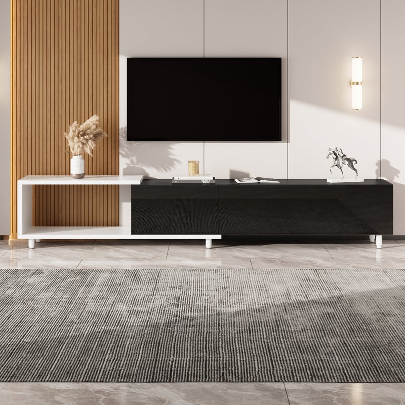 Rozkładana szafka RTV z 3 drzwiami - 258 x 38 x 48,5 cm - Płyta wiórowa i MDF - Wykończenie matowe i błyszczące - Nogi metalowe - Czarno-biała