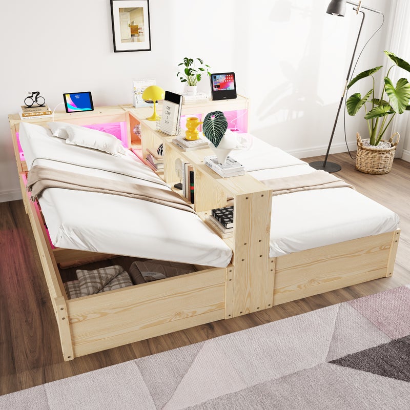 Rozkładane łóżko wysuwane 90/180 x 200 cm ze schowkiem i oświetleniem LED - Gniazdka elektryczne, schowek centralny - Sosna i MDF - Naturalne