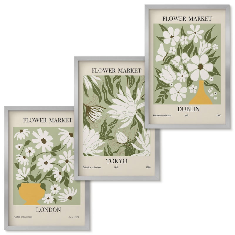Zestaw obrazów w ramie - 3 części Kwiatowe wzory posterów Londyn Tokio Dublin Srebrna ramka