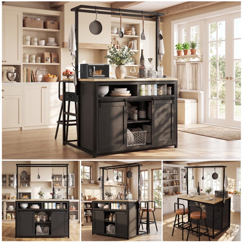Wyspa kuchenna z 2 drzwiami przesuwnymi i półkami – 107 x 62 x 183 cm – płyta MDF i metal – 2 gniazdka elektryczne i port USB – kolor czarny