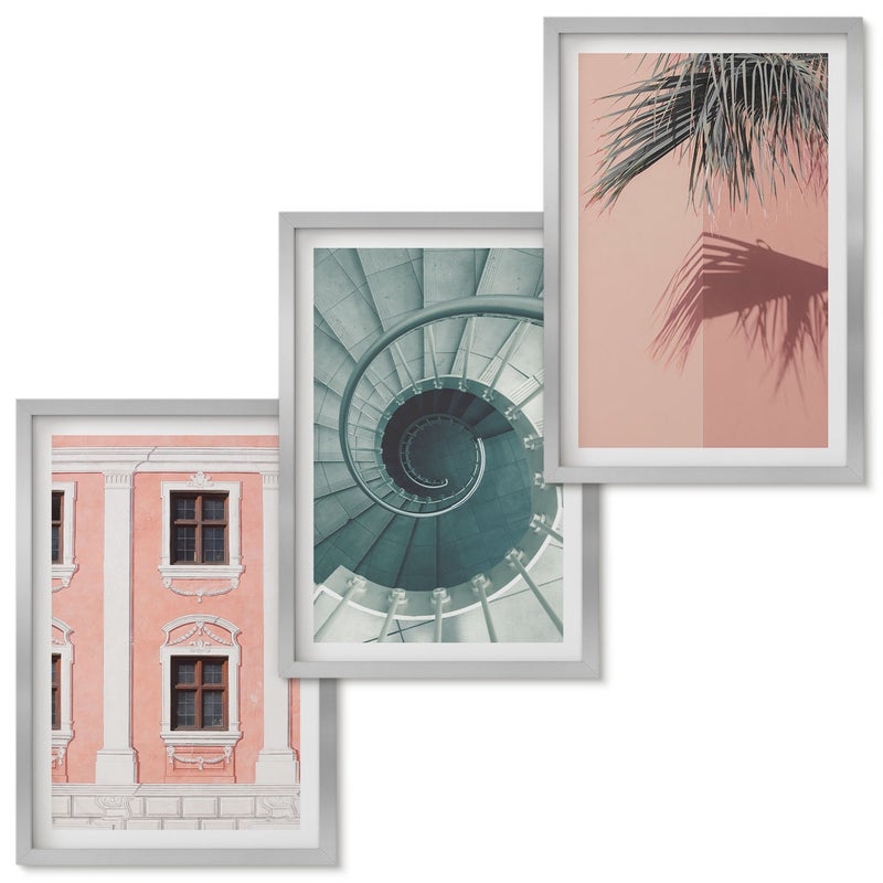 Zestaw obrazów w ramie - 3 części Architektura w pastelowych odcieniach i wzory spiralne Srebrna ramka