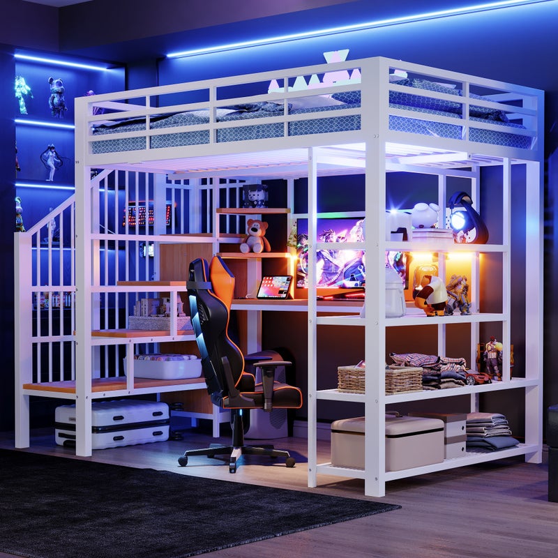 Łóżko piętrowe z kutego żelaza 140x200cm - z biurkiem - z półkami - z gniazdkiem elektrycznym - z oświetleniem LED - białe