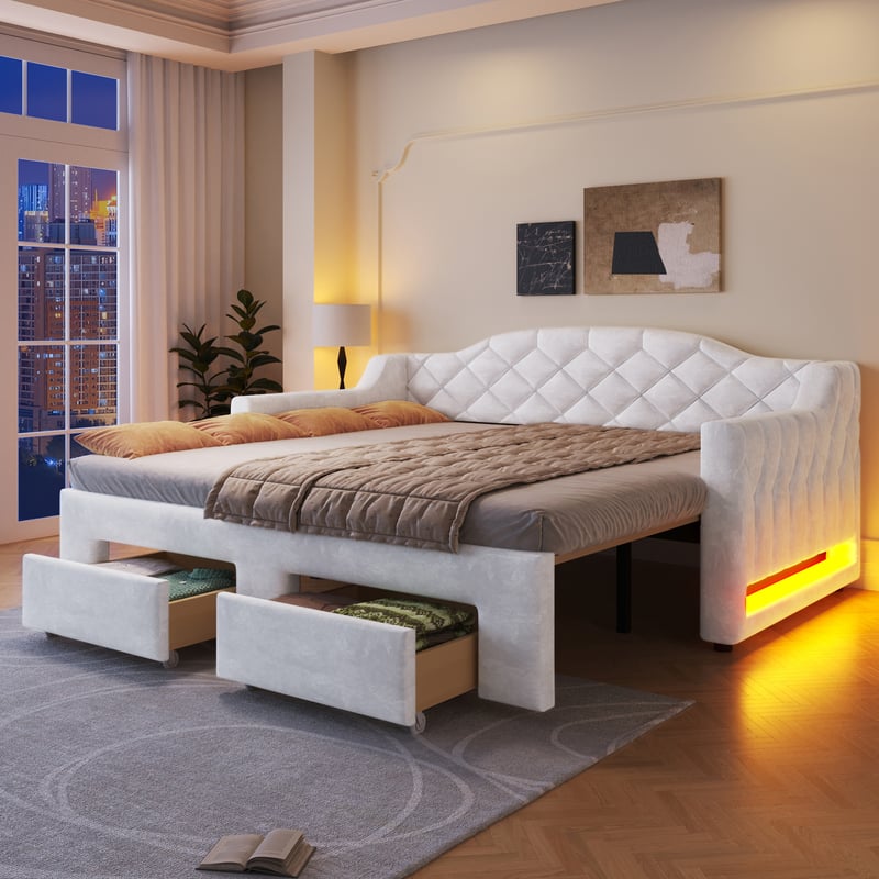 Tapicerowana sofa rozkładana 90x200 cm - rozkładana do 180x200 cm - łóżko wysuwane - z 2 szufladami i oświetleniem LED - biała