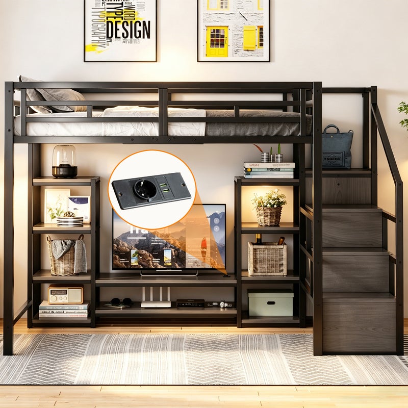 Łóżko piętrowe 140x200 - z gniazdkiem elektrycznym - z drabinką bezpieczeństwa - czarne (materac nie jest wliczony w cenę)