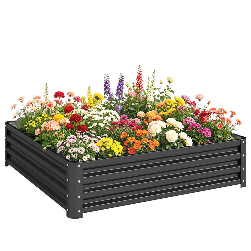 Podwyższona grządka 120x120x30 cm, szara, ocynkowana, 432L, otwarte dno – metalowa skrzynia na warzywa i zioła.