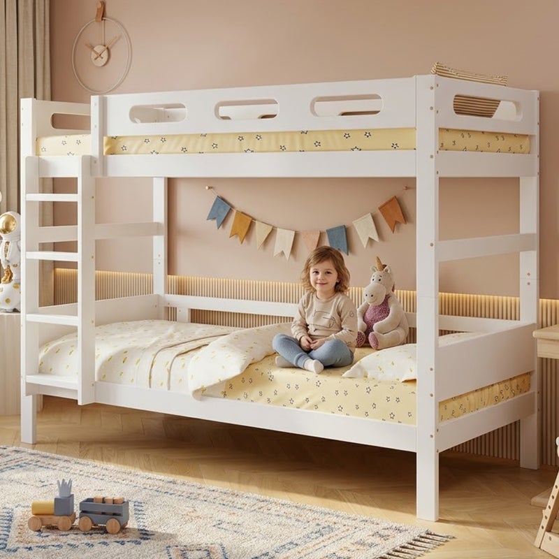 Łóżko piętrowe 2 x 90 x 200 cm z sosny i MDF – zintegrowana drabinka i barierki zabezpieczające – białe