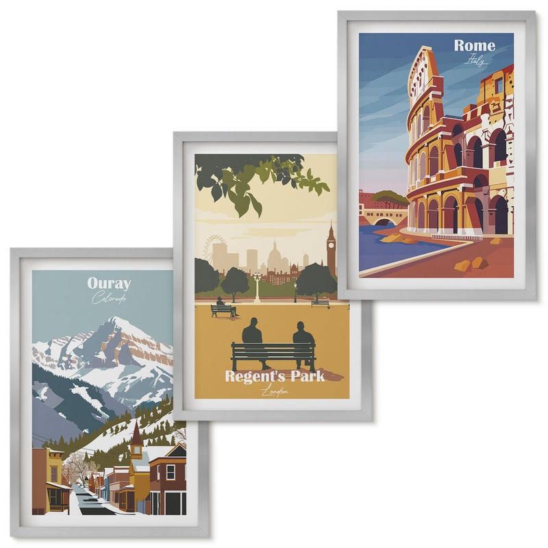 Zestaw obrazów w ramie - 3 części Góry w Ouray Park w Londynie Koloseum w Rzymie Srebrna ramka