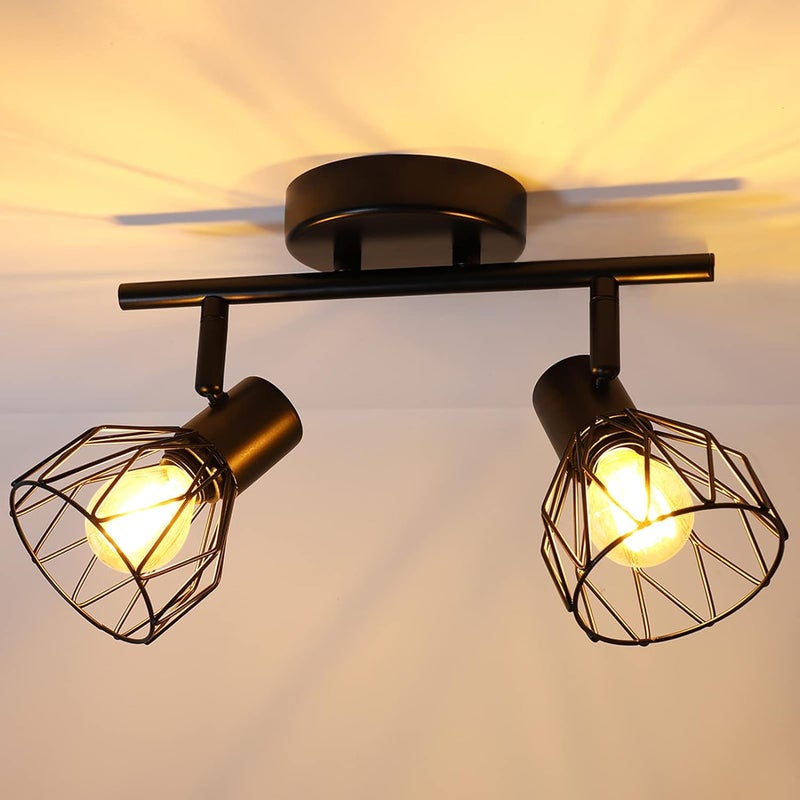 Industrialna lampa sufitowa z reflektorkami i oświetleniem szynowym, czarna, 2 regulowane reflektorki LED z gniazdem, reflektorki sufitowe, reflektork