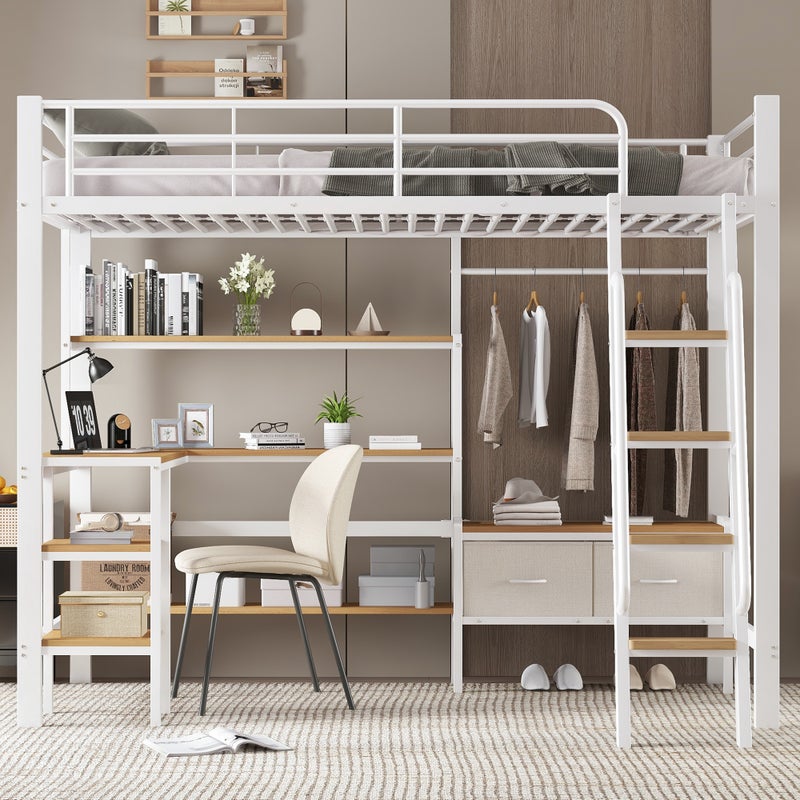 Łóżko piętrowe 90x200 cm - z biurkiem i półką - z wieszakiem i 2 pojemnikami - Metal + MDF - Biały + Naturalny