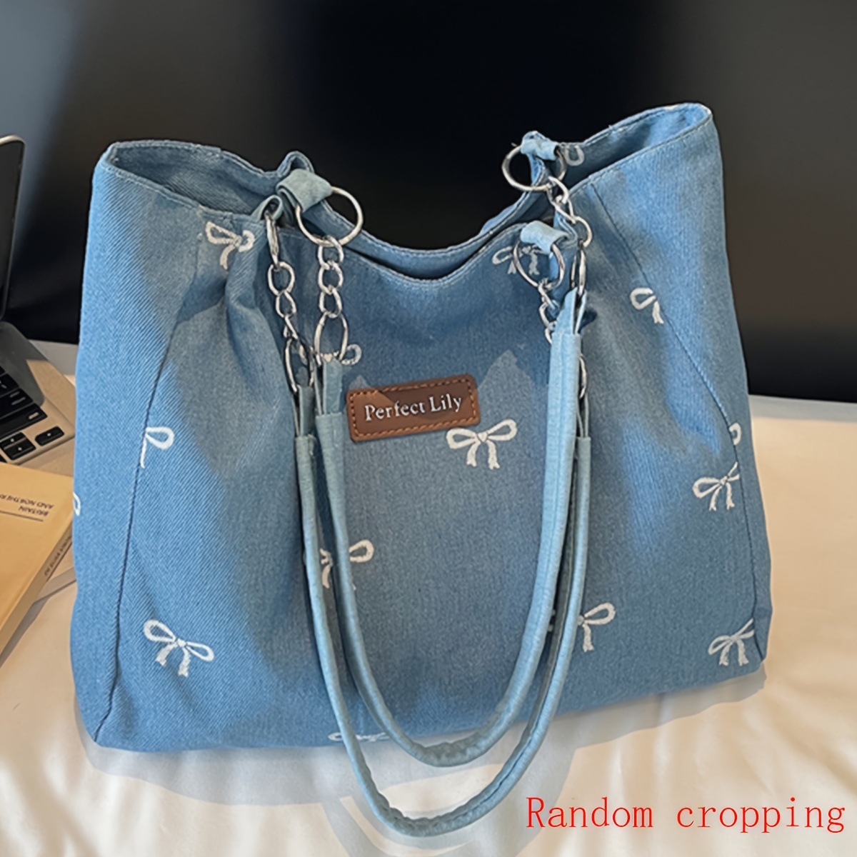 TEMU Moda Perfect Lily Damska Trendowa Torba na Ramię z Haftowaną Kokardą i Stałym Łańcuszkowym Paskiem - Casualowa Modowa Torebka Odpowiednia na