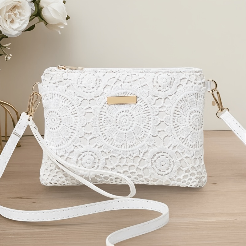 TEMU Damska torba crossbody z ażurowej tkaniny, torba na ramię w stylu bohemy, czysto biała codzienna torba na telefon, dopasowana do regulowanego