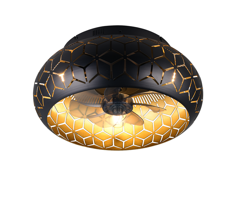 BIDAR lampa sufitowa wentylator abażur metalowy czarno-złoty z wyciętym wzorem 3xE27 + pilot R61574080