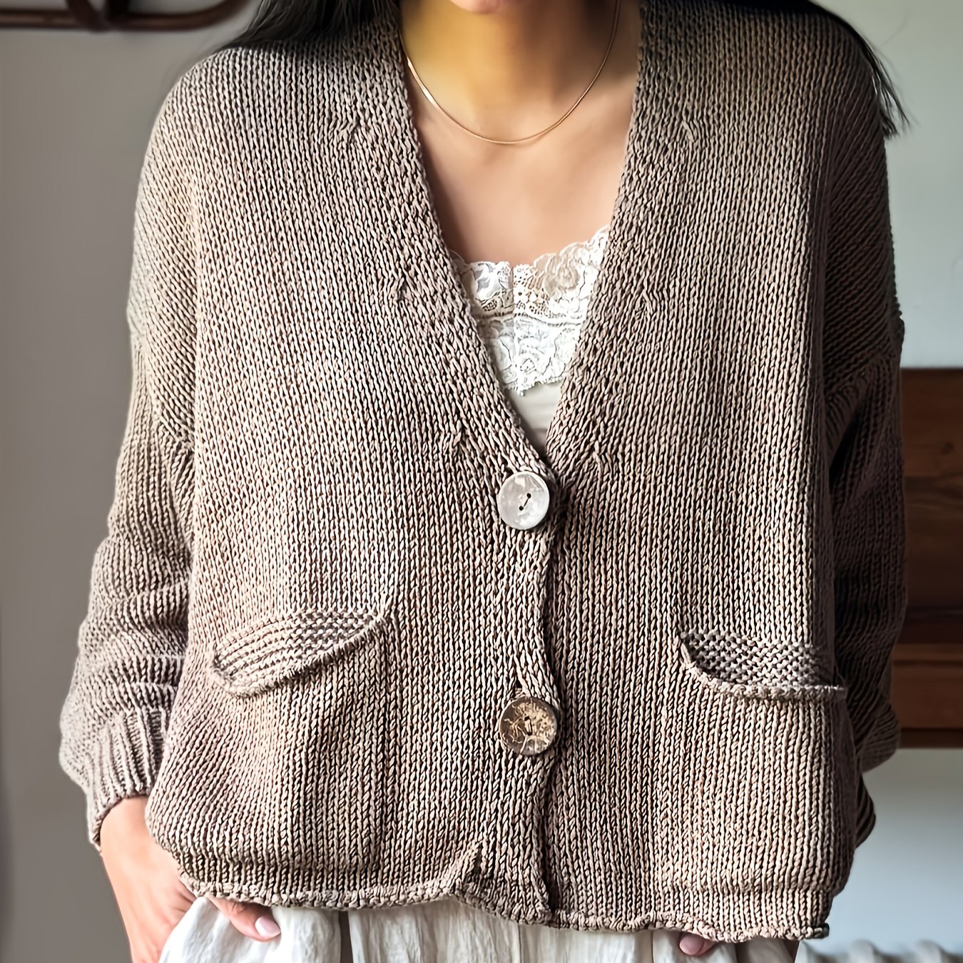 TEMU Damski Kardigan w Stylu Boho z Krótkim Długim Rękawem - Lekki Sweter z Otwartym Przodem