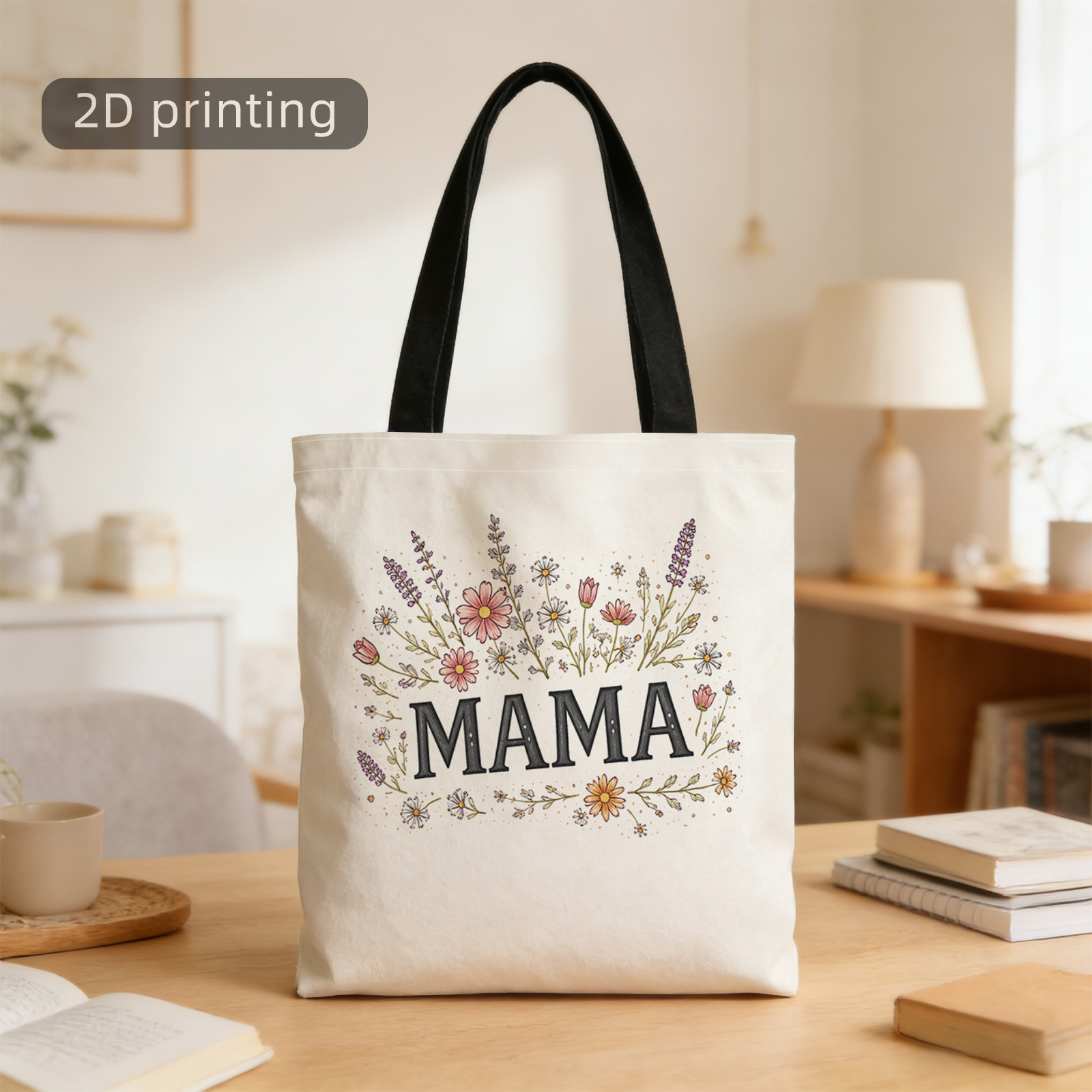 TEMU Torba na zakupy 2D z nadrukiem, Mama, Kwiaty, Ilustracja, , Pastelowe Kolory, Wielokrotnego Użytku, Stylowa Torba na Ramię, Torba Tote, Torba na