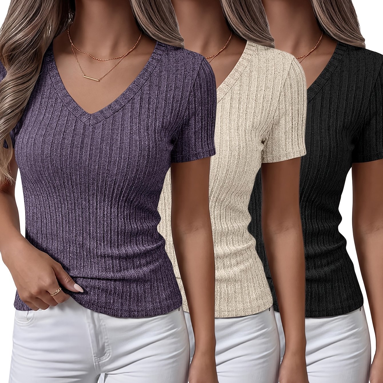 TEMU 3 szt. Zestaw Damski Dopasowany Wygodny Top Casual Podstawowa Koszulka Elegancka Krótki Rękaw T-shirt Modny V-neck Bluza