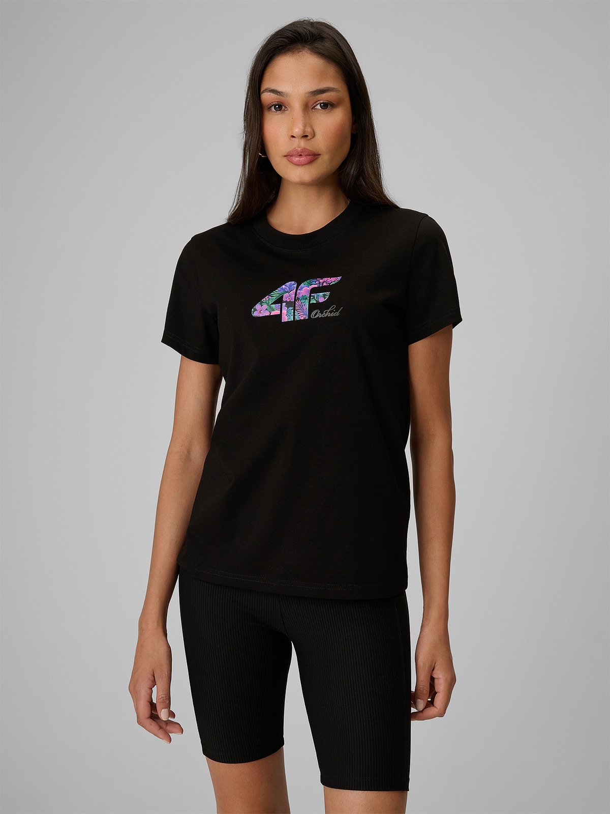 4F T-shirt regular z nadrukiem damski - czarny XXL
