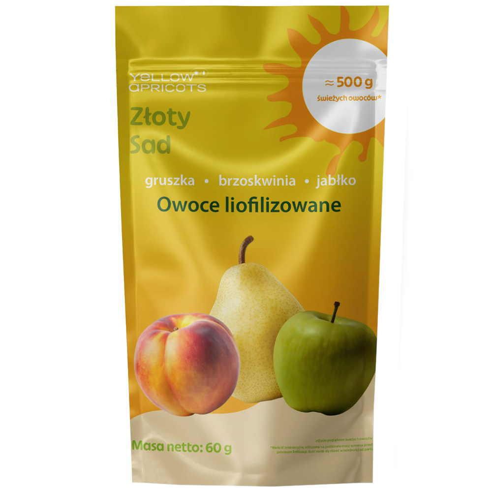 Yellow Apricots Złoty Sad, owoce liofilizowane, jabłko, gruszka, brzoskwinia, 60 g