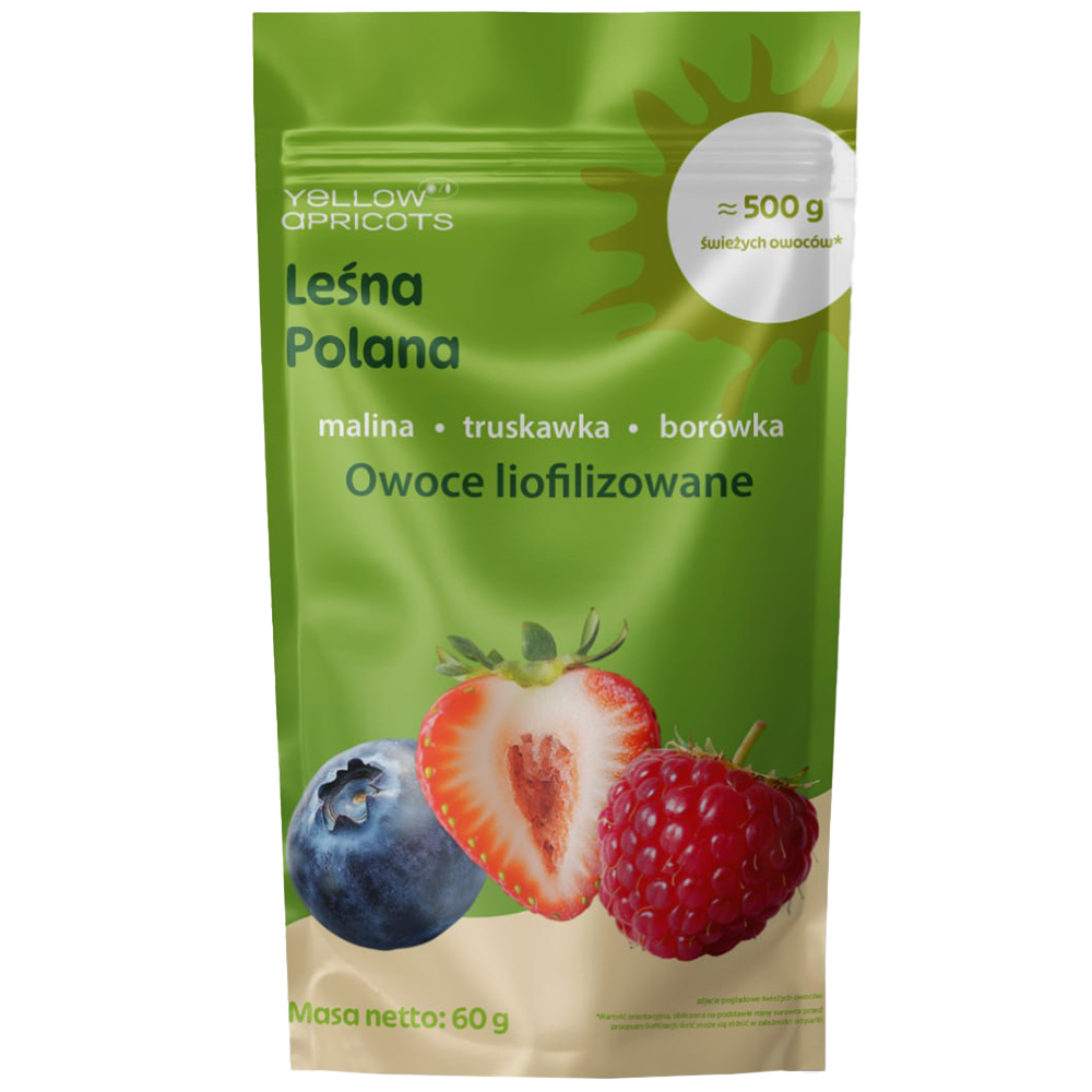 Yellow Apricots Leśna Polana, owoce liofilizowane, borówka, malina, truskawka, 60 g